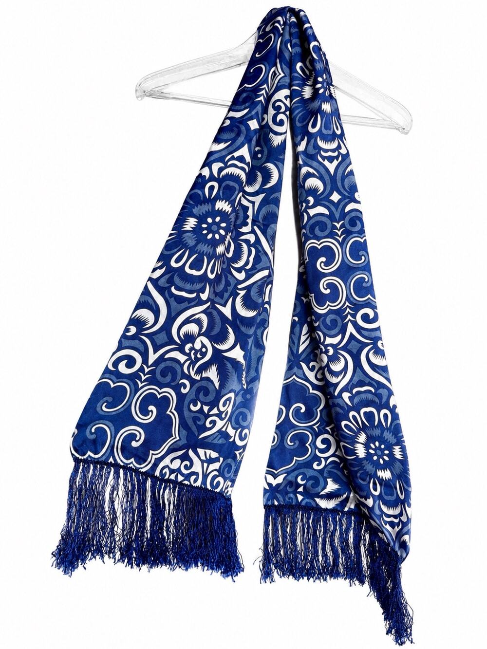 Shanghai Tang Blue White Ornamental Print 100% Silk Fringe Scarf